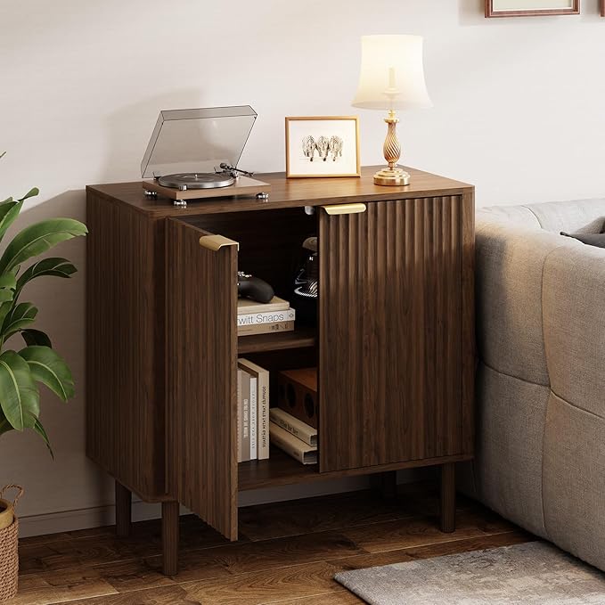 Sideboard Buffet Cabinet with Storage, Modern Fluted Accent Credenza with Doors & Adjustable Shelves, Wood Coffee Bar Console Table for Living Room, Dining Room, Kitchen, Entryway 31.5" Walnut