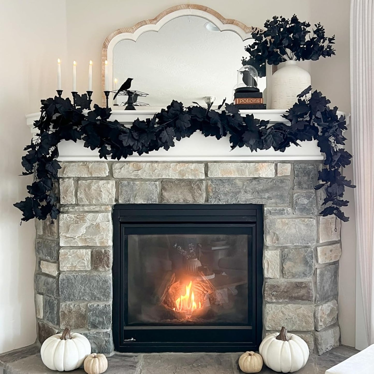 CQURE 10 Pack Black Fall Leaf Garland, Total 59Ft Halloween Garland Hanging Vines Artificial Fall Maple Leaves Thanksgiving Decor for Home Wedding Fireplace Christmas