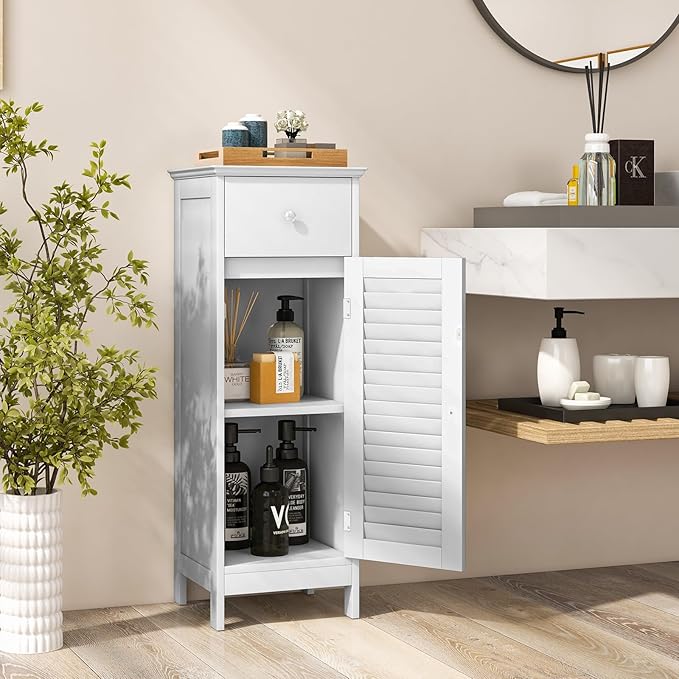 COSTWAY Bathroom Storage Cabinet, Single Door Storage Organizer w/ 1 Drawer & Adjustable Shelf, Freestanding Narrow Slim Floor Cabinet for Living Room Bedroom Hallway (White)