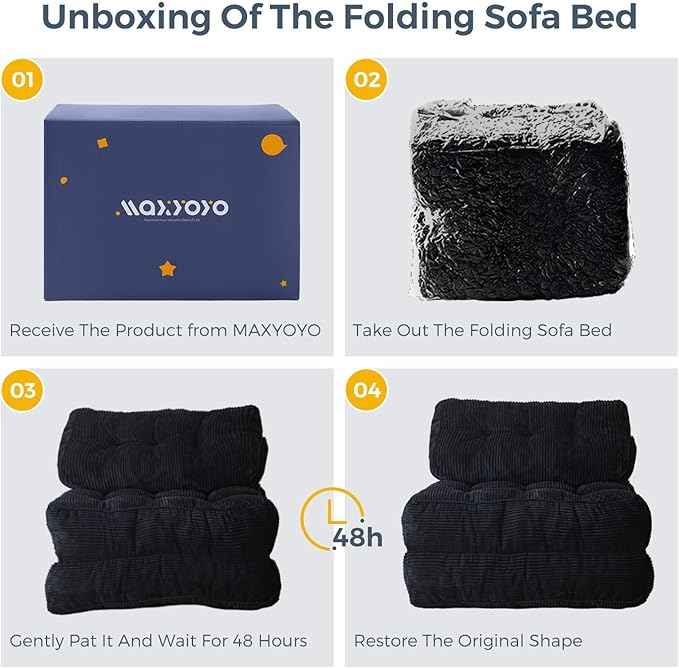 MAXYOYO Folding Sofa Bed, Convertible Sleeper Chair with Pillow Foldable Mattress with Back Support, Portable Fold Out Chair Bed Comfy Floor Sofa Lounge for Living Room Bedroom, Black, Single