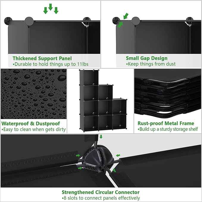 C&AHOME Cube Storage, 9-Cube Bookshelf, Plastic Closet Cabinet Organizer, DIY Stackable Bookcase, Modular Shelving Units Ideal for Home, Office, Kids Room, 36.6" L x 12.4" W x 48.4" H Black SHS3009A