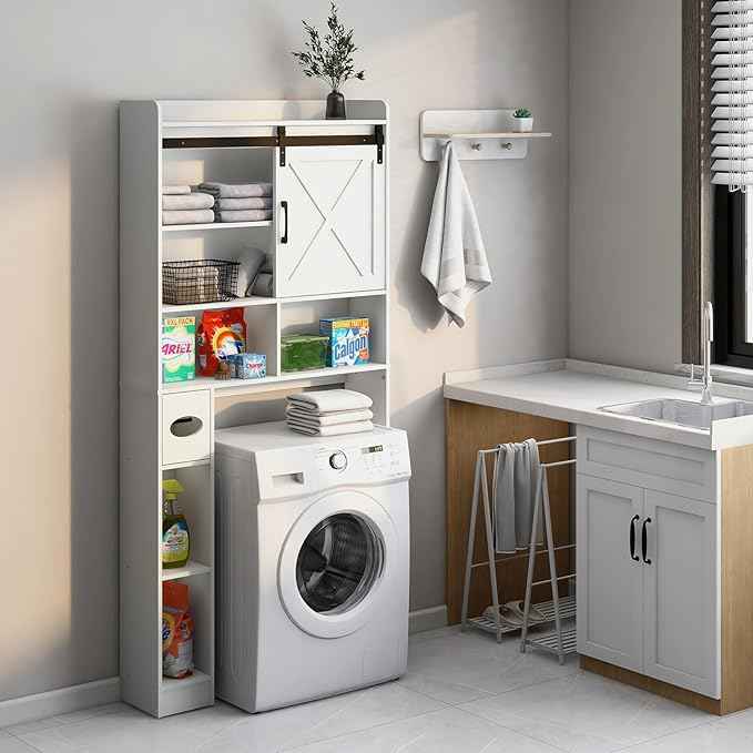 Vabches Over The Toilet Storage Cabinet, Farmhouse Storage Cabinet Over Toilet with Sliding Barn Door & Toilet Paper Holder Stand，Home Space-Saving Toilet Rack, for Bathroom, Restroom, Laundry