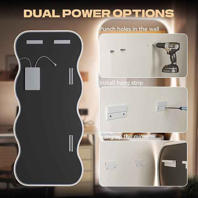 Hasipu Wavy Full Length Mirror with Lights - 94"×39" LED Wavy Floor Mirror, Frameless, Dimmable, Standing or Vertical/Horizontal Wall-Mounted Mirror for Bedroom, Living Room, Cloakroom
