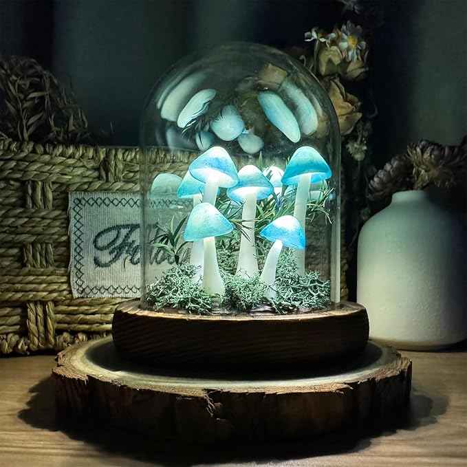 Mushroom Lamp, Decor LED Light in Glass Dome with Base for Home Bedroom Decor Birthday with Birthday Valentines Anniversaries Gifts Box (Blue-01)