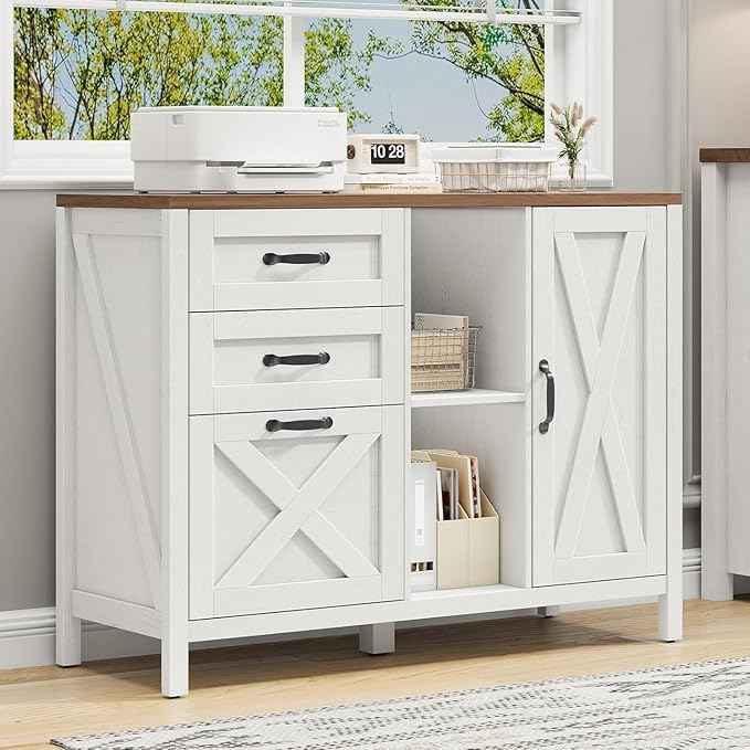 Vabches Lateral File Cabinet, Farmhouse 3 Drawer File Cabinet with Open Storage Shelf for Letter/Legal/A4 Size Hanging Files, Large Wood Storage Cabinets Printer Stand for Home Office, White