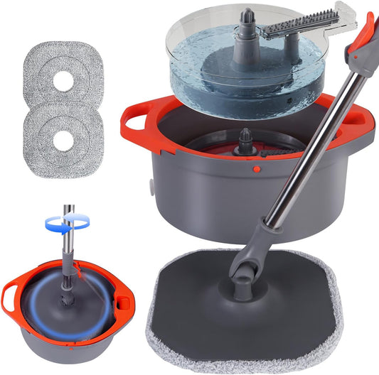 Spin Mop and Bucket Set with Separate Dirty and Clean Water,360° Self Cleaning Mop and Bucket System with Widened Foldable Handle,2 Replaceable Mop Pads,Square Mops for Floor Tile Marble Wall Cleaning