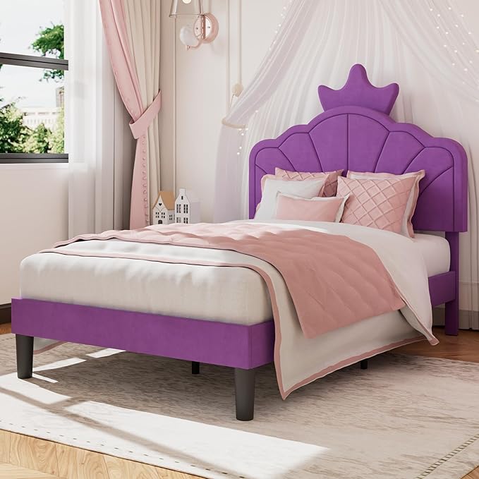 VECELO Twin Size Bed Frame with Crown Headboard, Upholstered Platform Bedframe with Strong Wood Slat Supports, No Box Spring Needed, Purple
