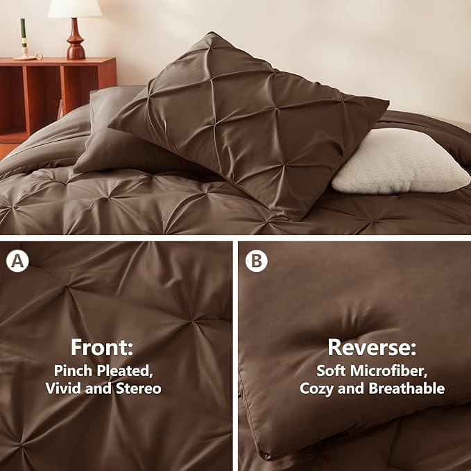 CozyLux King Size Comforter Set Brown, 7 Pieces Pintuck Bed in A Bag Brown Comforter King Size, Pinch Pleat Bedding Set with All Season Comforter, Sheets, Pillowcases & Shams