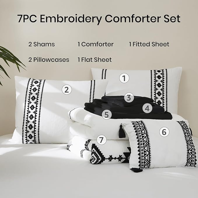 MaiRêve Embroidery Comforter Set, Boho Farmhouse Western Bedding Set, All Season Bed in A Bag Comforter Set with Sheets, Pillowcases & Shams, White Full 7 Pieces