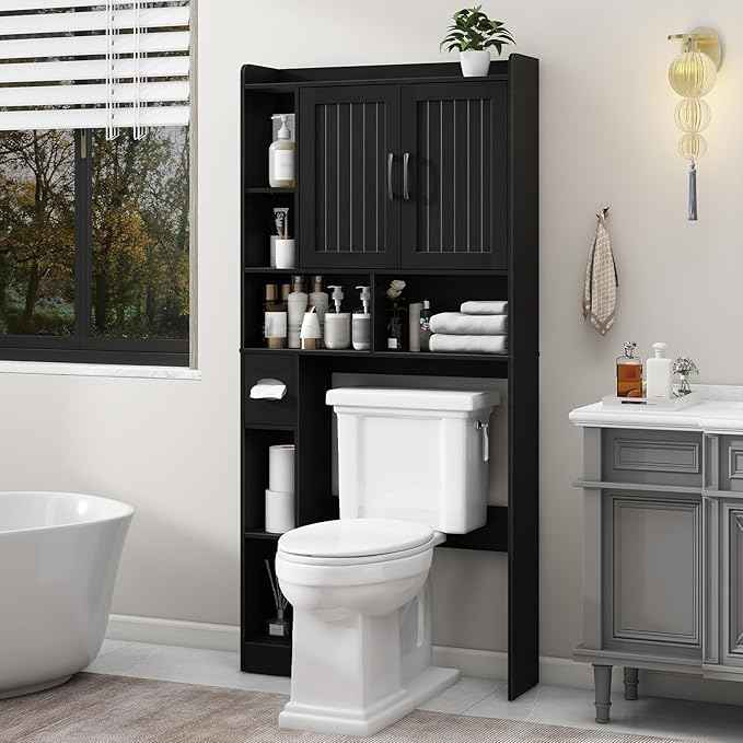 Vabches Over The Toilet Storage Cabinet, Farmhouse Storage Cabinet Over Toilet with Barn Door, Home Space-Saving Toilet Rack, for Bathroom, Restroom, Laundry（Black）.
