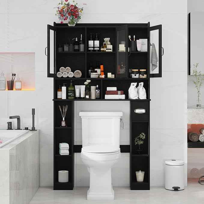 Vabches Over The Toilet Storage Cabinet,Farmhouse Bathroom Organizer with Glass Doors and Adjustable Shelf,Home Space-Saving Toilet Rack,for Restroom,Bathroom, Laundry