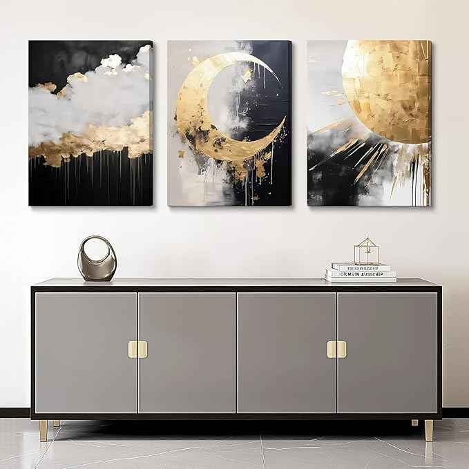 3Pcs Framed Black and Gold Abstract Canvas Wall Art Sun Moon And Cloud Posters Prints Maximalist Pictures Wall Decor For Living Room, Bedroom,bathroom Decoration