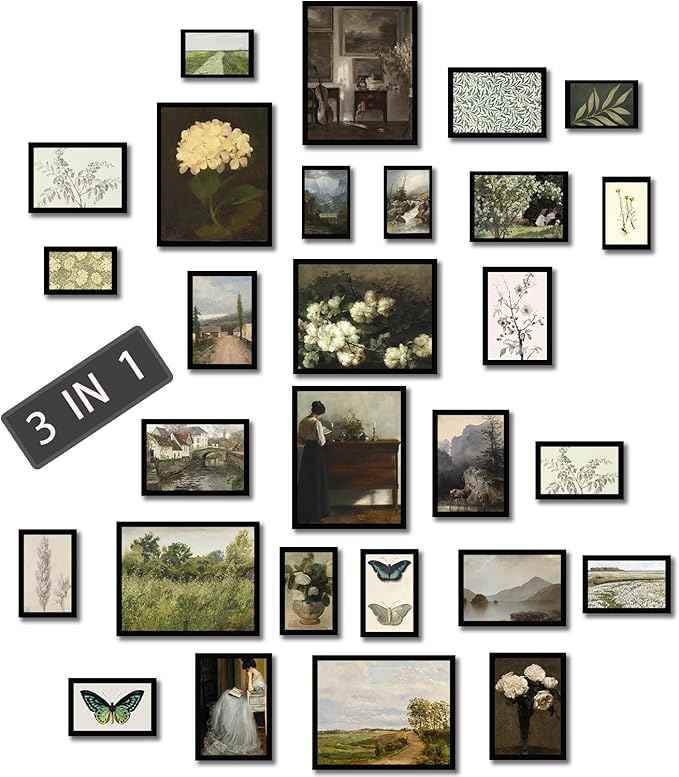 28 PCS Country Botanical Floral Gallery Wall Art， Vintage Posters For Room Aesthetic,Sage Green Wall Art Decor， Moody Art Vintage Painting Antique Pictures Set For Home Bedroom(Black Frame)