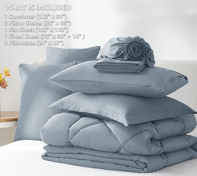 CozyLux King Size Comforter Set Dusty Blue - 7 Pieces Bed in a Bag King, Luxury Soft Bed Set for All Seasons, Bedding Set with Down Alternative Comforter, Sheets, Pillowcases & Shams, Grayish Blue
