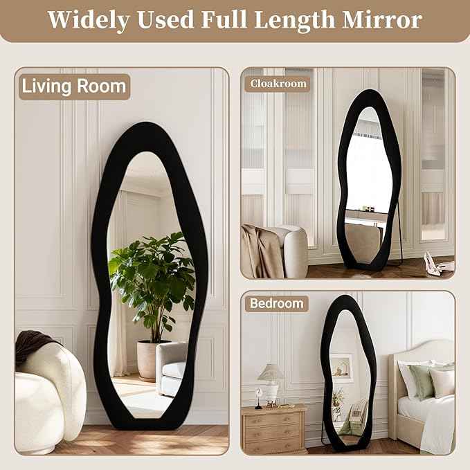 Full Length Mirror, 63"x24" Full Body Mirrors, Flannel Floor Mirrors with Stand, Irregular Wavy Mirror Hanging or Leaning Against Wall for Bedroom Living Room, Black