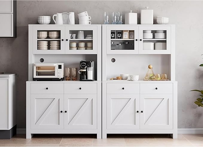 IDEALHOUSE 63" Kitchen Pantry Cabinet with Drawers, Hutch Cabinet with Storage, Microwave Stand, Adjustable Shelves, Freestanding Tall Pantry Storage for Dining Room, Living Room, White