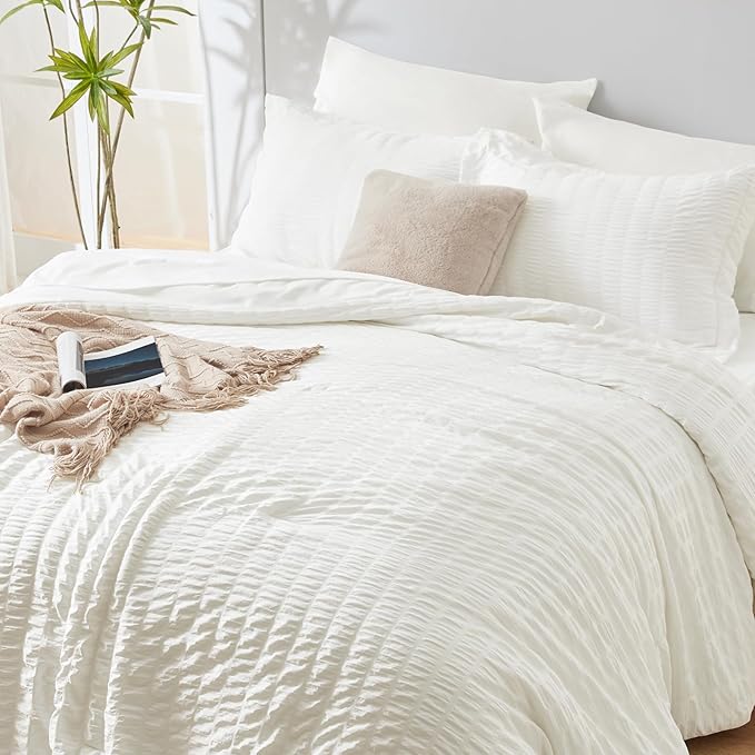 CozyLux Queen Comforter Set Ivory Seersucker 7 Pieces Bed in a Bag Queen Comforter Set with Sheets, Luxury Soft Bedding Set with Down Alternative Comforter, Sheets, Pillowcases & Shams for All Seasons