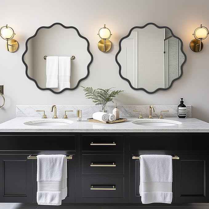 PROHOMEWARE Black Round Mirror 24 Inch Wavy Bathroom Vanity Mirror Black Frame Modern Wall Mirror Decorative Wall-Mounte Anti-Rust, Tempered Glass