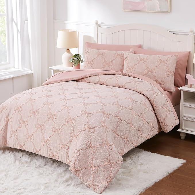 Twin Comforter Set with Sheets for Girls-5 Pieces Twin Bedding Sets with Pink Comforter, Sheets, Pillowcase & Sham for Kids (Pink Diamond, 66" X 86")
