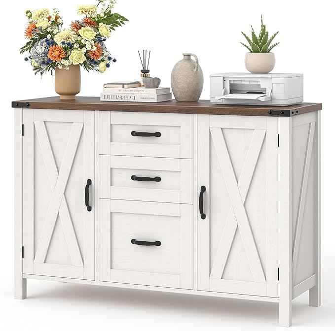 Vabches File Cabinet with 3 Drawers, Farmhouse Lateral File Cabinet Fits Files Letter/A4 Size, Wooden Filing Cabinet with Door and Adjustable Shelves Printer Stand for Home Office, Rustic White
