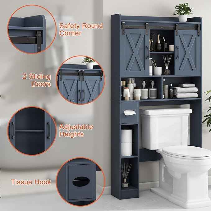 Vabches Over The Toilet Storage Cabinet, Farmhouse Storage Cabinet Over Toilet with Sliding Doors，Home Space-Saving Toilet Rack, for Bathroom, Restroom, Laundry