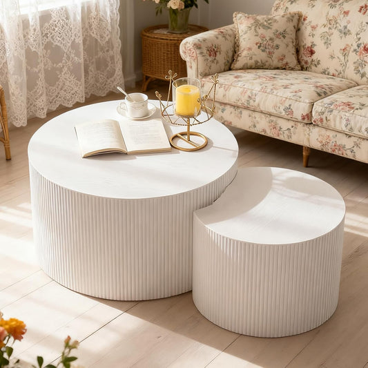 Round Nesting Coffee Table White Round Fluted Coffee Table Set of 2 for Living Room Small Circle Drum Coffee Tables Crescent End Table (White A 27in)