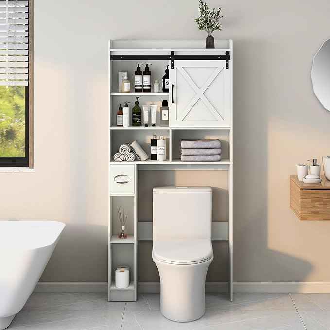 Vabches Over The Toilet Storage Cabinet, Farmhouse Storage Cabinet Over Toilet with Sliding Barn Door & Toilet Paper Holder Stand，Home Space-Saving Toilet Rack, for Bathroom, Restroom, Laundry