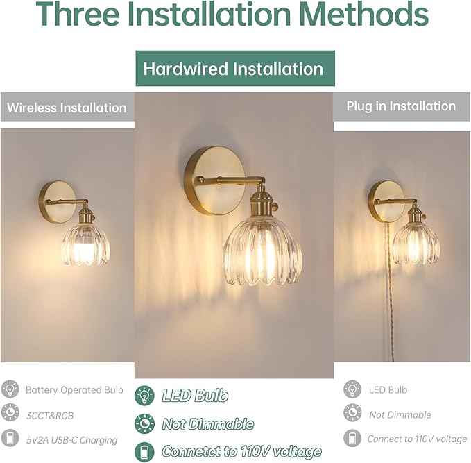 Vintage Wall Sconces Set of 2 with Transparent Tulip Glass Lampshade 180 Degree Adjustable Brass Sconces Hradwired Modern Wall Lighting Fixture with Switch for Bedside Bedroom Doorway