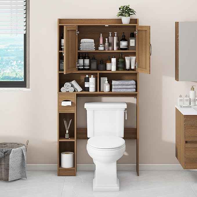 Farmhouse Rattan Storage Cabinet Over Toilet - 2 Door with Toilet Paper Holder - Space-Saving for Bathroom, Oak