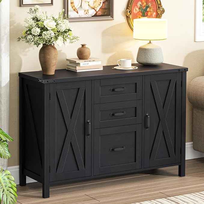 Vabches File Cabinet with 3 Drawers, Farmhouse Lateral File Cabinet Fits Files Letter/A4 Size, Wooden Filing Cabinet with Door and Adjustable Shelves Printer Stand for Home Office, Rustic Black