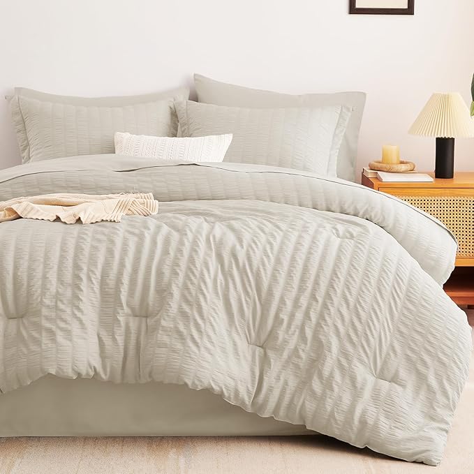 CozyLux King Size Comforter Set Oatmeal Seersucker 7 Pieces Bed in a Bag King Comforter Set with Sheets, Luxury Bedding Set with Down Alternative Comforter, Sheets, Pillowcases & Shams All Seasons