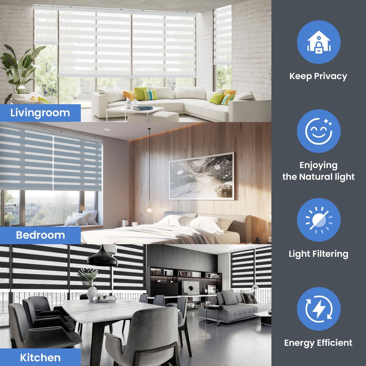 Foiresoft Standard Zebra Roller Blinds for Windows [W49 x H64 Inch, White, Basic], Light Filtering Dual Layer Shades for Bedroom, Living Room, Office, 13 Colors