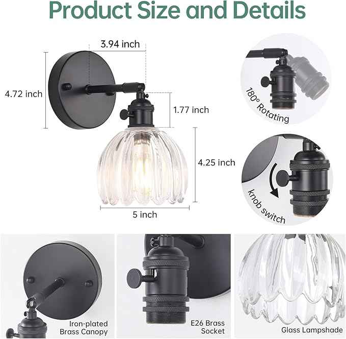 Vintage Wall Sconce with Transparent Tulip Glass Lampshade 180 Degree Adjustable Black Sconce Hradwired Modern Wall Lighting Fixture with Switch for Bedside Bedroom Doorway