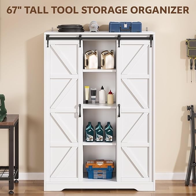 Broom Closet Storage Cabinet, 67" H Wooden Vacuum Storage Cabinet, Utility Closet with Sliding Door, Cleaning Tool Organizer with Shelf and 6 Pack Broom Holder, 67.1" H×47.2" W×15.7" D, White