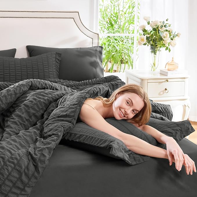 CozyLux Oversized King Comforter Set Dark Grey Seersucker 7 Pieces 120x98 Bed in a Bag Comforter Set with Sheets, Luxury Soft Bedding Sets with Down Alternative Comforter, Sheets, Pillowcases & Shams