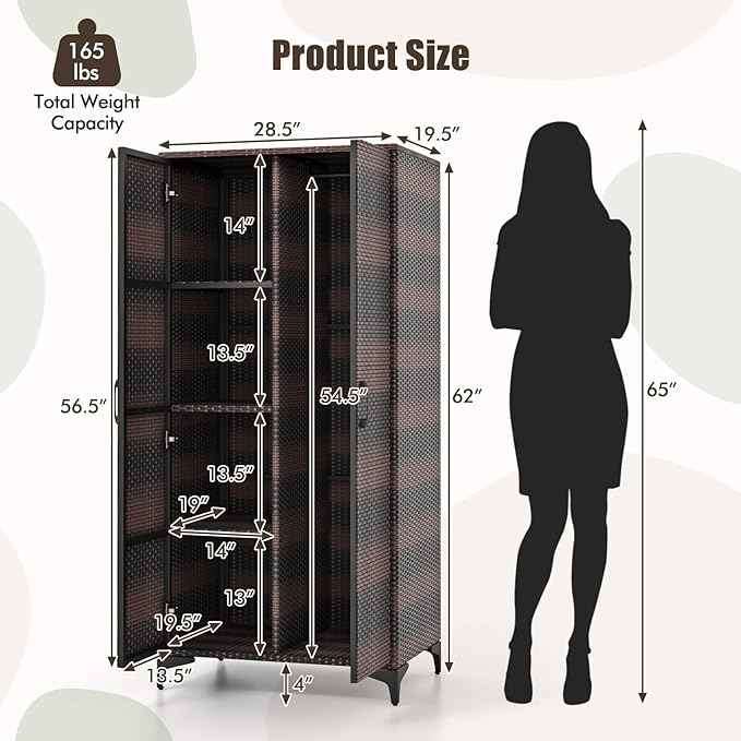 Giantex Wicker Storage Cabinet, 62” Tall Pantry Cabinet with 2 Doors, Hanging Rod, 4 Storage Cubes, Metal Legs, Anti-Tipping Device, PE Rattan Storage Cabinet for Home Office, Garage Cabinets (Brown)