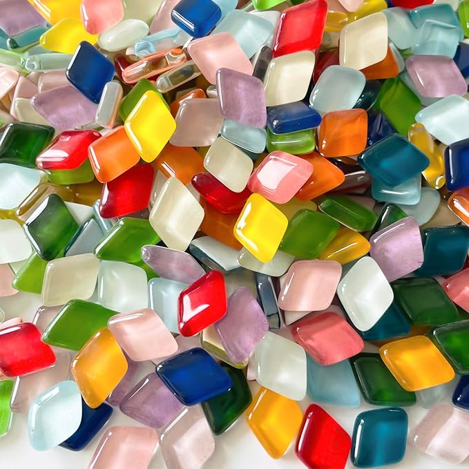LITMIND Mosaic Tiles for Crafts Bulk, 1.1 LB Crystal Glass Mosaic Pieces, Diamond Shape Rainbow Mix for DIY Art Projects