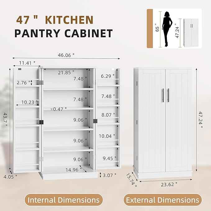 Shintenchi Kitchen Pantry Cabinet,5 - Layer Storage Cupboard with Adjustable Shelves for Organizing and Storing Food Items,47'' Versatile Buffet Sideboard for Kitchen, Bathroom and Laundry,White