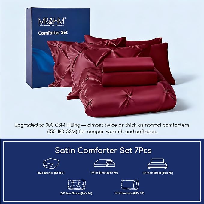 MR&HM Satin Comforter Full 7 Pieces - Luxurious Pinch Pleat Bedding Set with Comforter, Flat Sheet, Fitted Sheet, Pillowcases & Shams, Super Silky Soft Bed Set for All Season (Full, Burgundy)