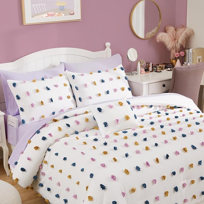 Geniospin Colored Pom Queen Comforter Set, 8 Pieces Ball Pom Comforter Sets, Bed in a Bag Queen, All Season Down Alternative Bedding Set, Lightweight, Warm and Breathable