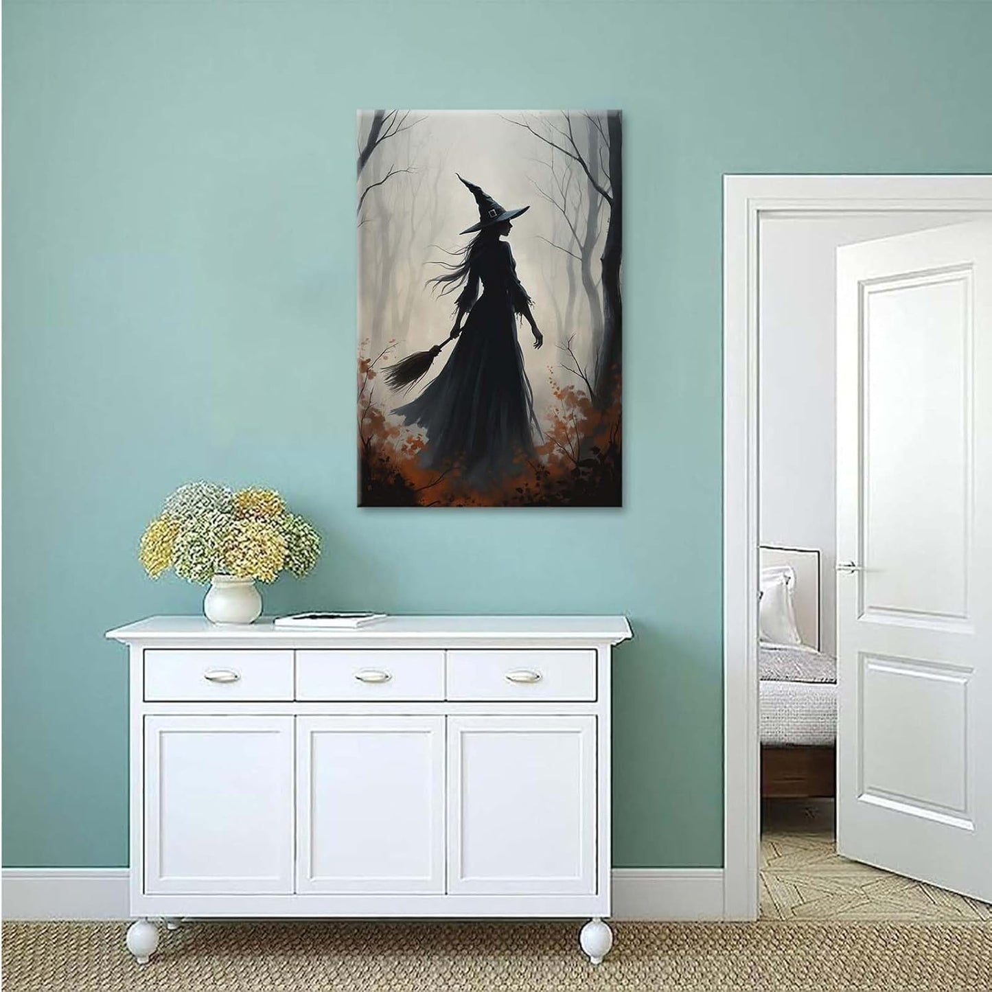 Vintage forest witch silhouette poster Halloween mural poster decoration mural art magic suitable for home living room bedroom12x16in Wood Framed