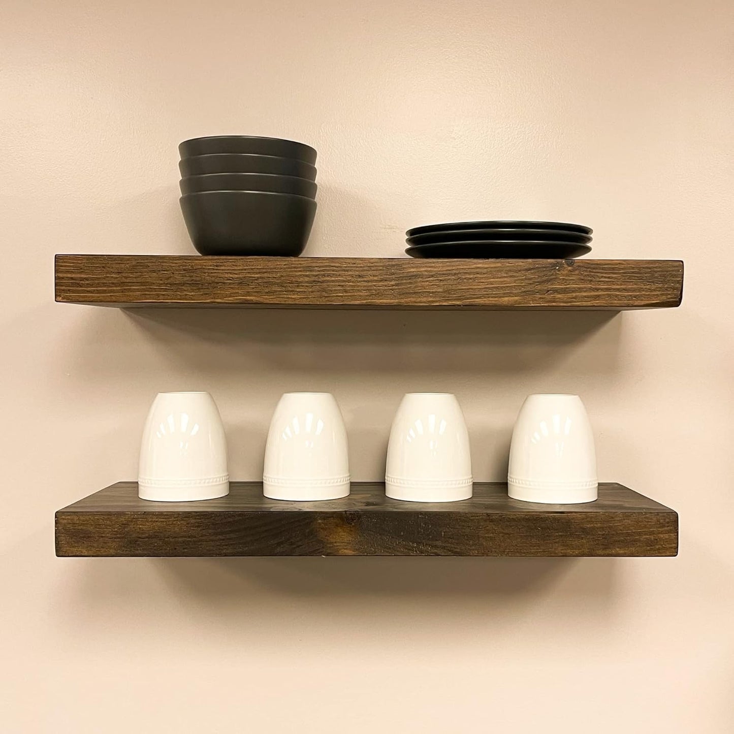 URBANDI, Rustic Floating Shelves, Set of 2, Hidden Bracket, Solid Wood, Heavy Duty, Wall Mounted Shelves, (Dark Brown, 36Wx12D)