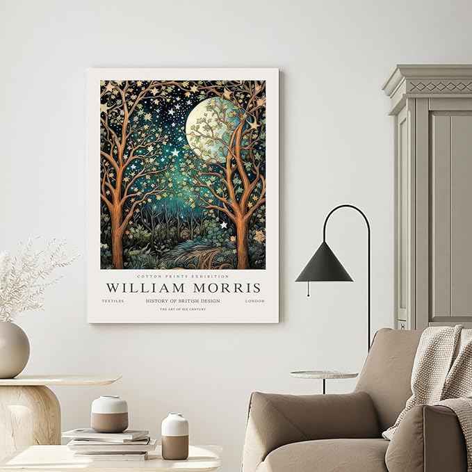 Hianan William Morris Framed Canvas Wall Art, Vintage Gold Moon Stars Poster Prints, Many Dreamlike Stars Wall Decor, Retro Botanical Aesthetic Picture for Bedroom Living Room Office 12"x16"x3