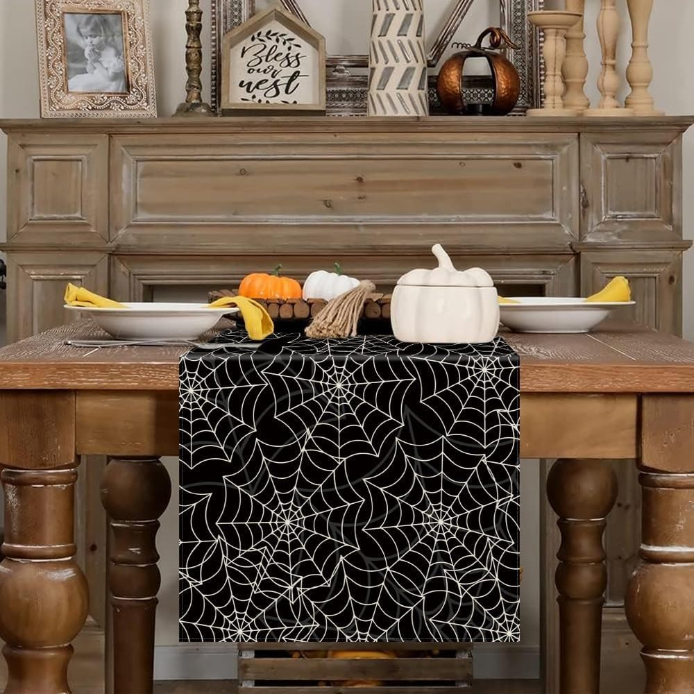 Halloween Table Runner Spider Web Black Linen Table Runners for Seasonal Holidays Indoor Outdoor Kitchen Dining Party Home Decor 13 x 60 Inch
