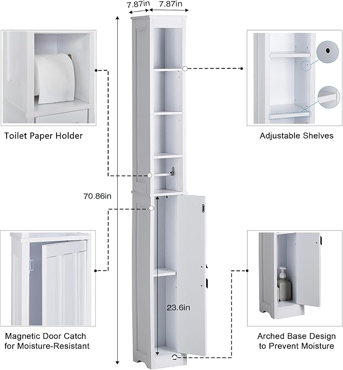 VECELO 71" Tall Bathroom Storage Cabinet, Narrow Storage Cabinet with Adjustable Shelves, Toilet Paper Rod and Magnetic Door, Freestanding Slim Bathroom Storage Cabinets for Small Space, White