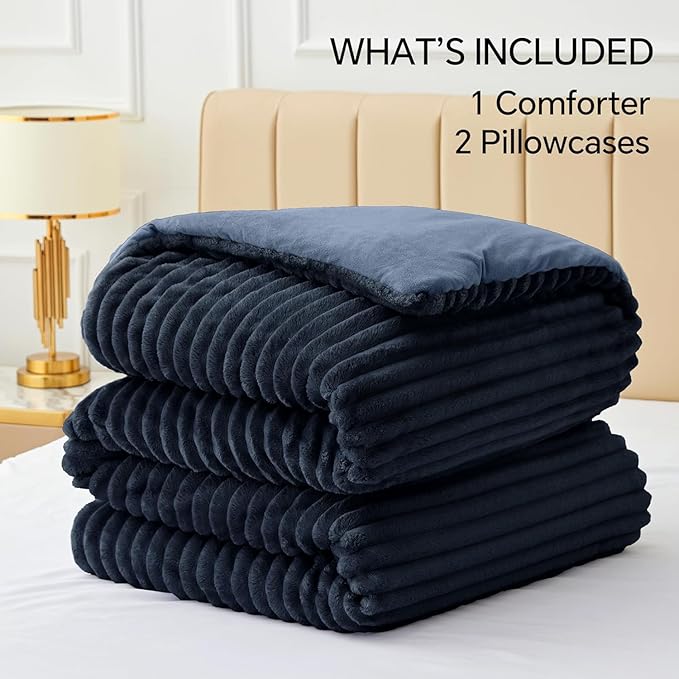 BEDELITE Fleece Queen Comforter Set -Super Soft & Warm Fluffy Navy Blue Bedding, Luxury Fuzzy Heavy Bed Set for Winter with 2 Pillow Cases