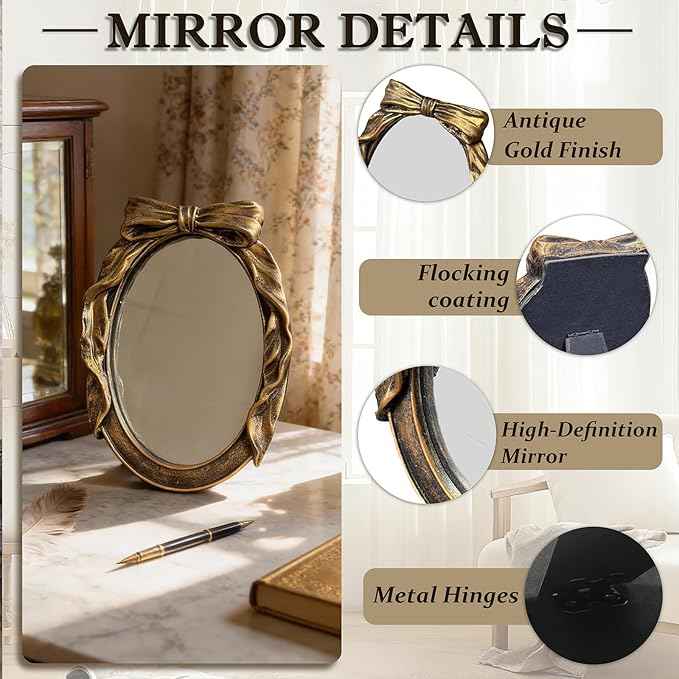 Vintage Round Vanity Desk Mirror - 8x6Inch Elliptical Tabletop Decorative Ornate Gold Accent Retro Makeup Mirror for Bedroom Dresser Living Room Bathroom Dorm Champagne Gold