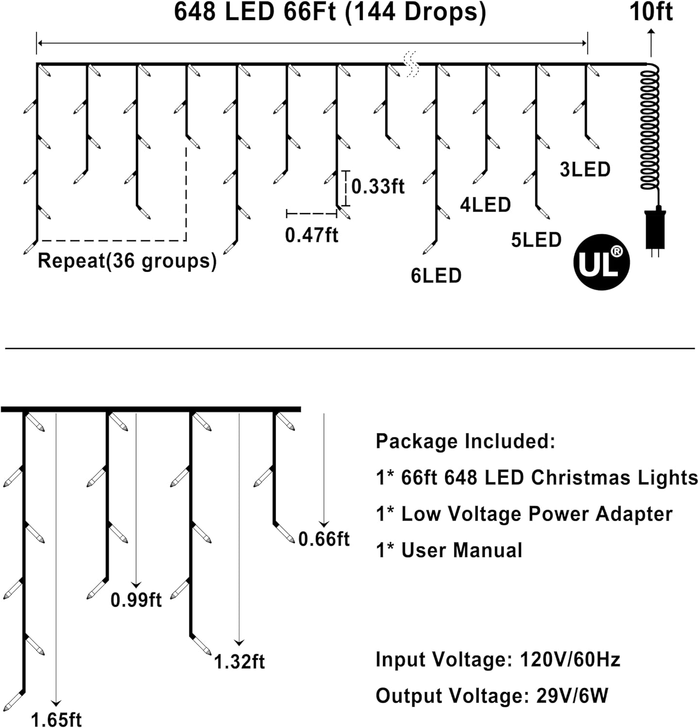 648 LED Christmas Lights with 144 Drops, 66ft 8 Modes Christmas String Lights Outdoor, Waterproof Christmas Decorations Fairy Lights with Timer Memory for Xmas Party Patio Window Fence Blue