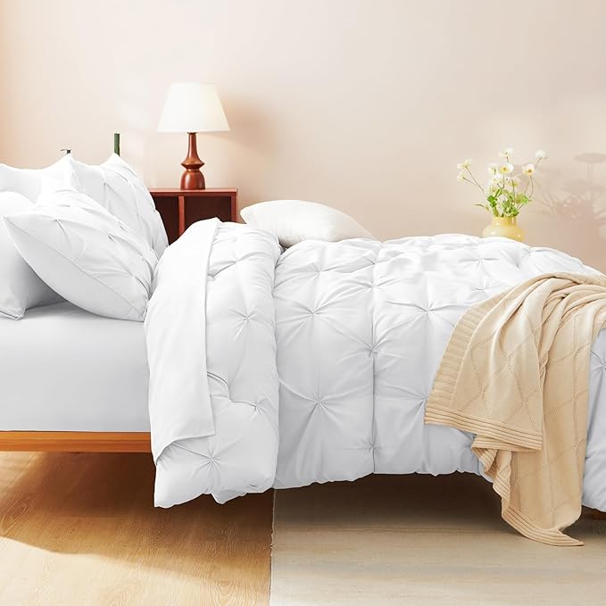 CozyLux Twin XL Comforter Set White, 5 Pieces Twin Extra Long Pintuck Bed in A Bag for College Dorm, Pinch Pleat Bedding Set with Comforter, Sheets, Pillowcase & Sham
