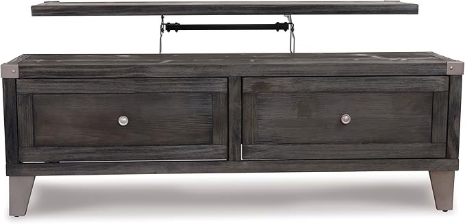 Signature Design by Ashley Todoe Industrial Spring-Lift Top Coffee Table, 2 Storage Drawers, Metal Legs, Wood, 54.38" W x 28.5" D x 18.25" H, Dark Gray & Weathered Pine Finish